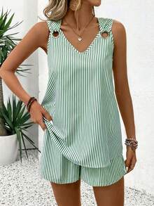 EMERY ROSE Bộ đồ 2 mảnh kẻ sọc cổ chữ V không tay dáng casual dành cho nữ - màu xanh lá - Xem 6
