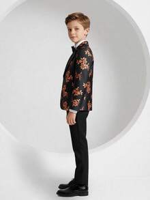 SHEIN Tween Boy Gentleman 2 Pieces Set: Jacquard Satin Collar Jacket + Trousers, Formal Outfit For Birthday Party, Wedding, Graduation, Anniversary - Black - View 4