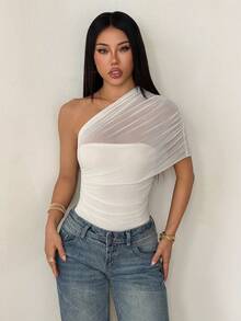 SHEIN PETITE 杏色不对称肩部女士优雅连体衣，简约基础款修身连体衣，秋冬连体衣，杏色上衣，透视裹身褶皱肩部衬衫式连体衣 - 米色 - 查看 5