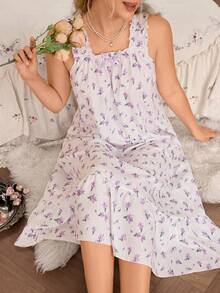 CottageSlumber Camisón holgado de mujer con estampado floral diminuto sin mangas, ropa de dormir ligera para primavera y verano, talla grande - Púrpura malva - Ver 8