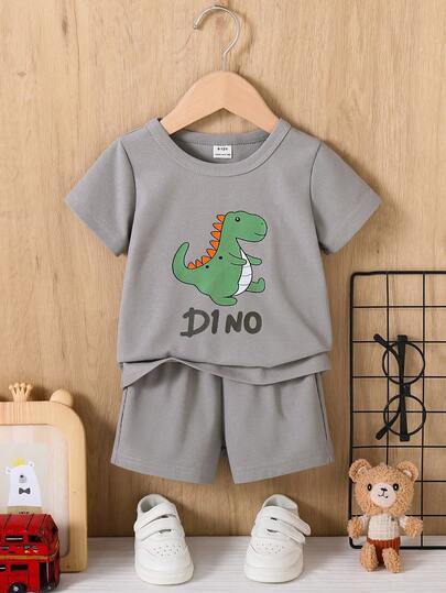 SHEIN 男婴字母卡通恐龙印花短袖T恤和短裤休闲套装