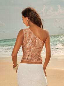 Modelyn Women's Elegant Sexy Floral Peach Embroidered Sequin Top, Summer Holiday Vacation One Shoulder Crop Top, Y2K Beach Vacation Party Resort - Brown - View 3
