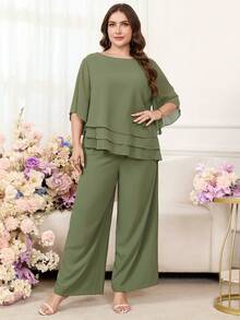 Reflora Bộ đồ đôi nữ cỡ lớn màu trơn cổ tròn và quần ống rộng, kiểu dáng thường ngày. - màu xanh lá - Xem 6