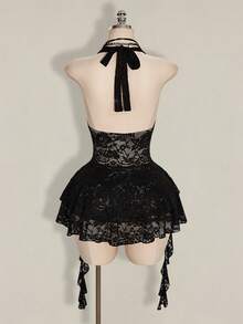 SHEIN ICON 女士深V领黑色蕾丝Y2K飘逸系带迷你连衣裙，A字廓形，性感迷人，适合派对、音乐节和夏季穿着。 - 黑色 - 查看 2