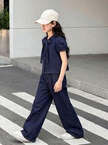 SHEIN 两件套少女时尚休闲 Y2K 复古酷炫街头深蓝色牛仔蝴蝶结设计套装，包含宽松泡泡袖上衣和宽松舒适的褶皱阔腿牛仔裤，适合少女日常穿着，也适合春夏派对、节日和街头服饰。 - 藍色 - 查看 4