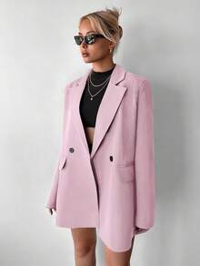 Ritzy Row Blazer Wanita Kasual Ukuran Besar dengan Bantalan Bahu, Panjang Sedang, Kancing Ganda - Baby Pink - View 5