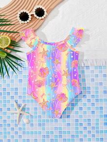 SHEIN 小女孩可爱卡通海洋元素海星贝壳珍珠图案短袖连体泳衣，适合度假、海滩、沙滩装 - 彩色 - 查看 2