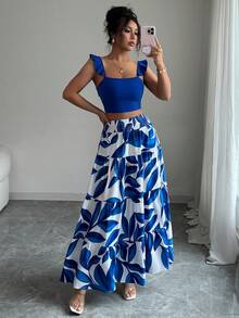SHEIN PETITE Women's Summer Vacation Beach Outfit, Sleeveless Top With Leaf Print And Skirt 2 Pieces Set - Blue - View 6