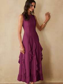 Aveloria Rosie Đầm voan chiffon sang trọng kiểu Pháp, trễ vai, thắt eo, xếp ly dọc, gấu đầm ôm dáng dành cho nữ, thích hợp cho kỳ nghỉ và hẹn hò. - Màu đỏ tím - Xem 4