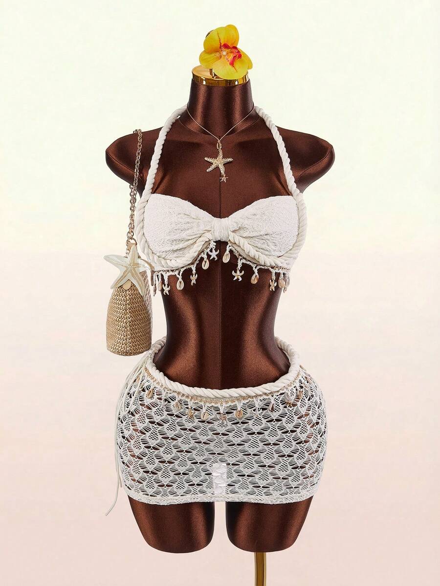 Amplova 绳索、海星和贝壳装饰露脐背心和迷你裙两件套 - 杏色 - 查看 1