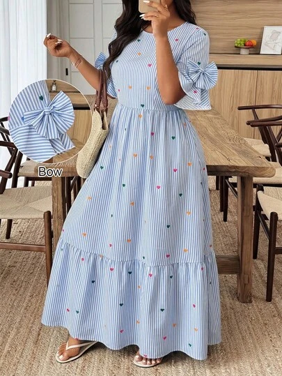 Weeklong Plus Size Women's Round Neck Layered Cake Dress With Bow Decor, Spring/Summer