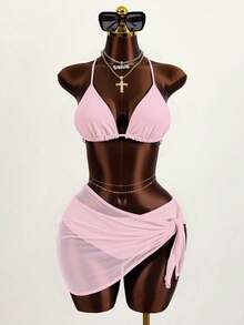 Zestiva 3pcs/Set Solid Color Textured Bikini Swimsuit For Beach Vacation For Summer - Pink - View 5