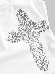 ROMWE Street Life Áo camisole bó sát, in họa tiết chữ thập phong cách grunge, đính đá, đã qua xử lý. - trắng - Xem 4