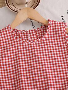SHEIN 2pcs/Set Tween Girls Sleeveless Shirt With Bow Buttons & Plaid Patchwork + Long Pants, Spring/Summer - Red - View 7