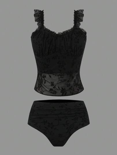 Sweetra Plus Size Women Tankini Top, Made Of Flocked Fabric, Minimalist European And American Mature Style Swimwear