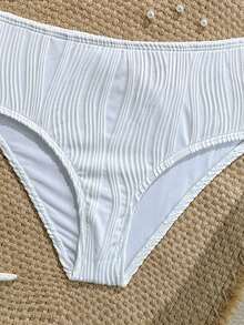 SHEIN 少女白色3D波浪纹理露脐吊带上衣和高腰比基尼泳裤两件套，适合夏季海滩和泳池穿着 - 米色 - 查看 4