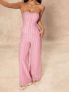 SHEIN PETITE 女士条纹印花抹胸上衣和斜插口袋长裤休闲两件套 - 粉色 - 查看 5