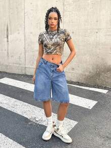 SHEIN 少女时尚休闲口袋拉链百搭牛仔短裤 - 中等水洗藍 - 查看 5