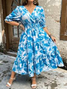 Calvaya 加大码褶皱短袖印花连衣裙，适合新年穿着，女士长款套装 - 藍白色 - 查看 3