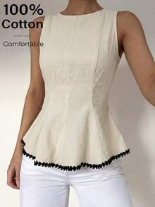 Modelyn 女士杏色梭织无袖收腰A字上衣，饰有黑色箭头织带，休闲及工作装，春夏款 - 杏色 - 查看 4