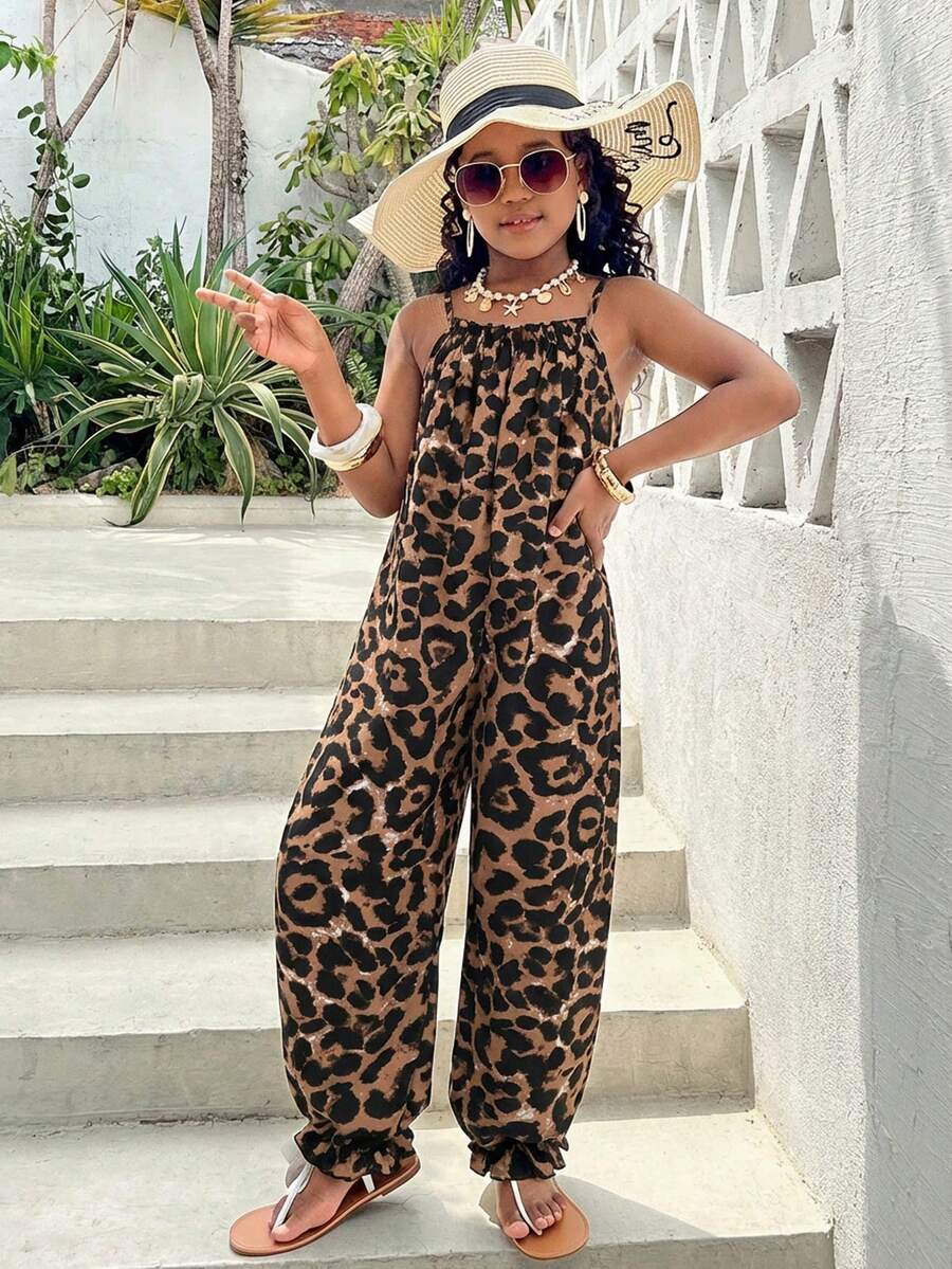 SHEIN 少女豹纹宽松连体裤，休闲度假海滩夏威夷亲子装，姐妹合照拍摄 - 棕色 - 查看 1