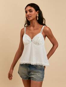 Travachic Women's Sexy Camisole With 3D Floral Lace Patchwork And Double Ruffle Hem, Suitable For Summer, White Top, Casual Blouses, Peplum Top Golf - Beige - View 5