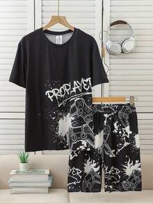 SHEIN 2pcs Men's Minimalist Fashion Letter & Game Console Print Short Sleeve T-Shirt And Shorts Pajama Set - Black - View 8