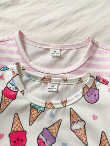 SHEIN 2-Piece Girls Toddler White,Summer,Fairy,Family Matching Pink Striped Multicolor Cartoon Ice Cream Heart Print Pajamas Sleepwear Loungewear Set - Baby Pink - View 8