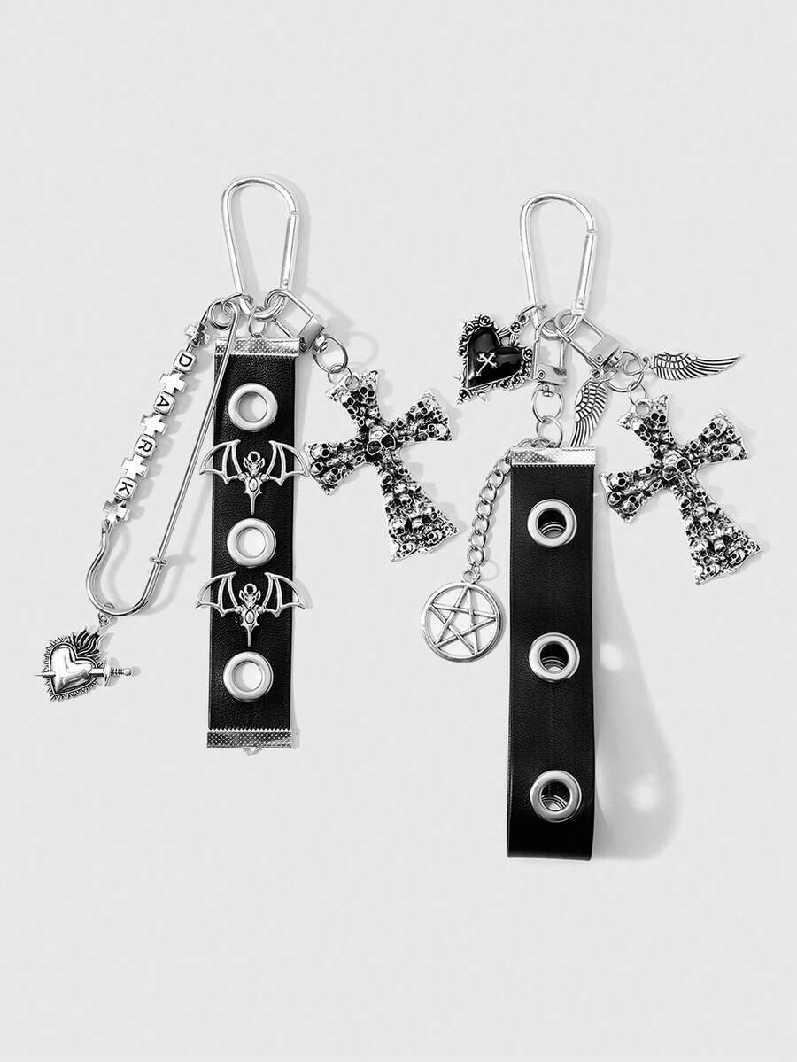 ROMWE 2 Y2k Retro Unique Personalized Heavy Industry Punk Dark Wind Goth Black Glossy Leather Metal Air Eye Hole Eye Wrist Strap Ancient Silver Demon Bat Wings Square Letters "Dark" Pin One Arrow Through The Heart Hollow Star Ring Dripping Oil Thorns Rose Love Uneven Skull Cross DIY Keychain Bag Pendant Pendant, Combination Set, Suitable For Women, Girls, Sisters, Girlfriends, Couples Daily Wear, Holiday Gifts - Black - View 1