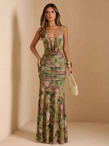 SHEIN BAE Đầm đuôi cá hở lưng cổ chữ V in hoa mùa xuân/hè dành cho nữ, đầm hoa, đầm đi nghỉ mát, đầm thanh lịch. - màu xanh lá - Xem 2