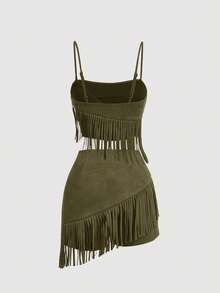 SHEIN MOD 2pcs Set Pakaian Wanita Bahan Suede Cokelat dengan Rumbai, Cocok untuk Festival Musik, Pakaian Gaya Barat - Hijau Tentara - View 2