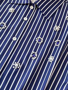 GlowEve Camisa casual de mujer con rayas y decoración de rhinestones de un solo botonadura - Azul - Ver 5
