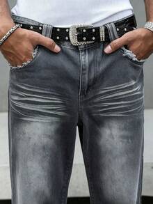 Manfinity EMRG Plus Size Men's Fashionable Cat Whisker Pleated Pocket Denim Jeans - Grey - View 5