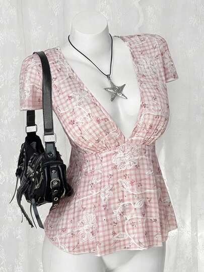 Sunspun 大码蕾丝边长款衬衫，短袖修身蕾丝衬衫