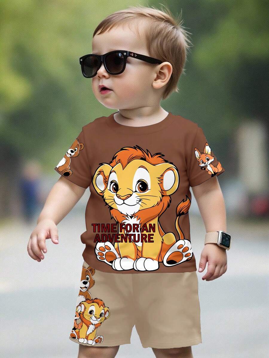 Bubblio Baby Boy Casual Minimalist Cartoon Pattern Round Neck Short Sleeve Loose T-Shirt, Suitable For Summer - Multicolor - View 1