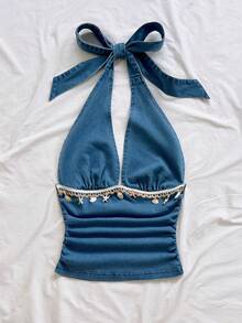 SHEIN WYWH 女士度假风海星饰边褶皱露背吊带衫 - 藍色 - 查看 5