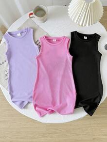 SHEIN 3件套女童夏季柔软连衣裙，洋红色、紫色、黑色，休闲度假日常百搭，柔软针织面料，舒适合身 - 彩色 - 查看 6