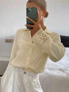 Livesso New Cream Yellow Loose Casual Ladies Summer Blouse Long Sleeve Top Vacation - Apricot - View 5
