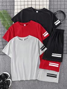SHEIN 6件套青少年男童休闲短袖T恤短裤套装，运动装，街头朋克摇滚风格，适合春夏穿着，包含红色、黑色、灰色。 - 紅色 - 查看 2