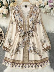Franclia Vestido de línea A abotonado y estampado de longitud media para mujer, vestido romántico para citas, vacaciones, playa, verano, primavera, fiestas, atuendo de invitada - Multicolor - Ver 5