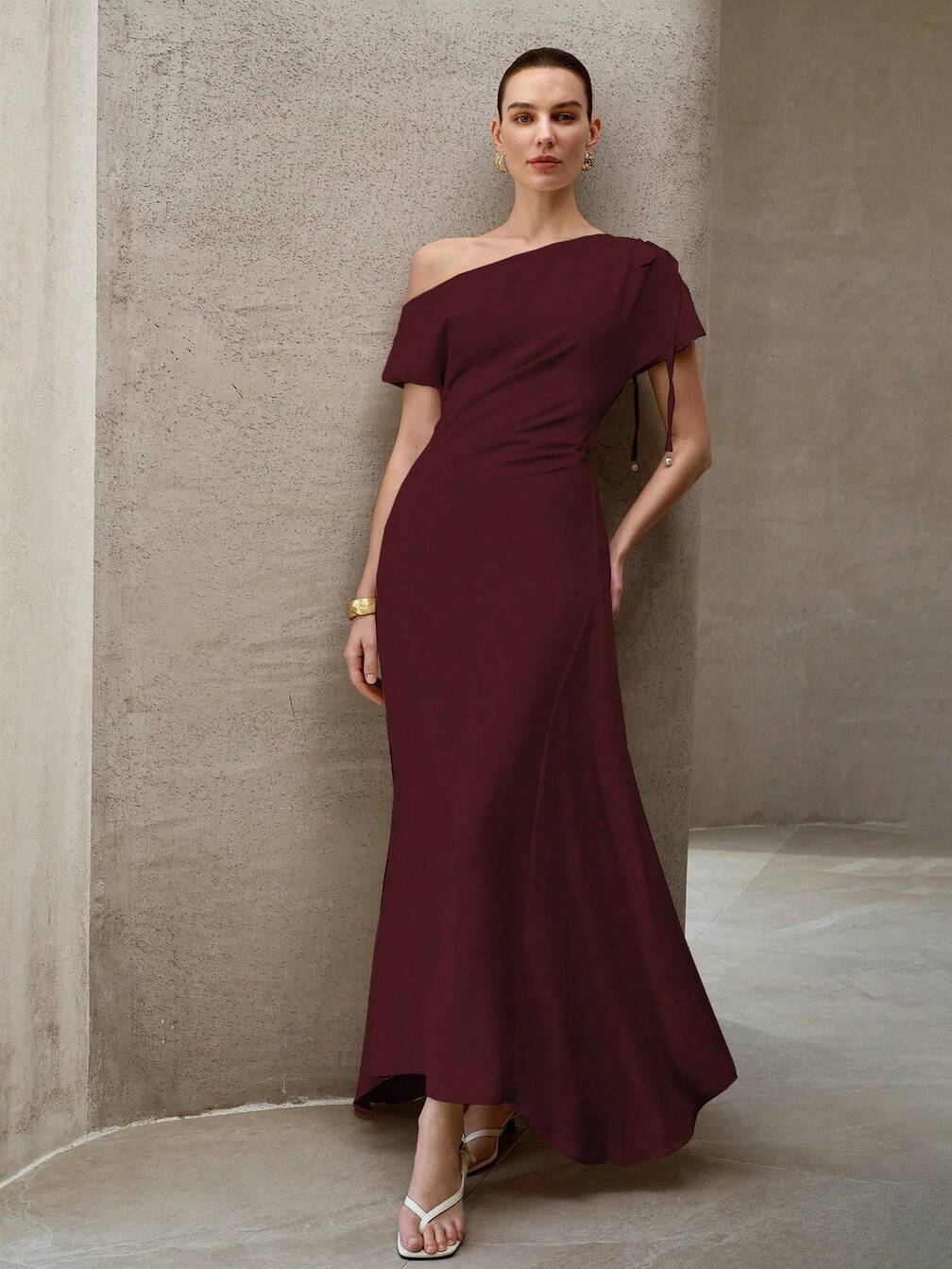 MOTF ELEGANT ASYMMETRICAL NECK LONG DRESS FOR WOMEN｜Motf