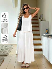 Easowa 女士休闲宽松背心和阔腿裤两件套，休闲夏季女装，家居服套装，夏季度假套装，女士服装套装，女士纯棉无袖上衣和飘逸长裙两件套，舒适夏季服装，女士100%纯棉白色背心和阔腿裙套装，透气休闲夏季服装，女士宽松棉混纺背心和长裙组合，夏季休闲两件套，夏季服装 - 白色 - 查看 2