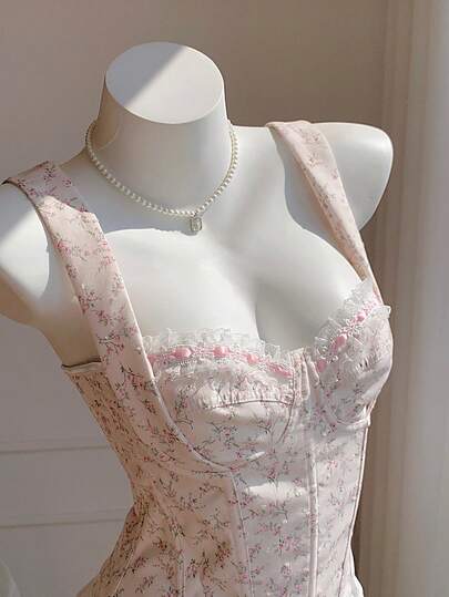 Comfortcana Áo corset định hình màu hồng, kiểu dáng hoa nhỏ nhắn, ngọt ngào, thanh lịch và tươi tắn.