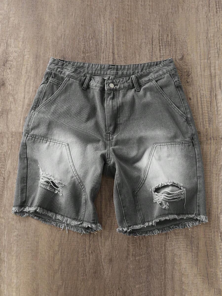 Manfinity Joysei 男式纯色磨边口袋破洞时尚牛仔短裤 - 淺灰色 - 查看 1