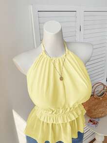 Comfortcana Plus Size Women Light Yellow Pleated Halter Neck Camisole Holiday Holiday Vacation Summer Tropical - Light Yellow - View 5