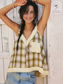 SoleilVie Vintage Distressed Plaid V-Neck Crochet Patchwork Loose Tank Top, Checkered Waffle Trim Sleeveless Camisole Yellow Plaid Top Plaid Tanktop Womens Tops For Summer Tops For Women Summer Cute Bohemian Casual Yellow Plaid Distressed Retro Solid Color Patchwork V-Neck Design Outerwear Top, With A V-Neck Design At The Back, Yellow Pocket Decoration, And Yellow Suspender Top Yellow Top  Graphic Tees Women A Loose-Fitting Women's Summer Vest Peplum Top Country Concert Outfit Country Style For Women  Women's Country Clothing  Female Country Look Vacation Outfits For Women Holiday Outfits Summer Holiday Outfits  Casual Blouses For Women Casual Blouse For Women Beach Outfit  Festival Outfits For Women Summer Top Summer Outfits For Women - Yellow - View 3