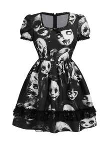 ROMWE Gothic Dark Witch Lace Patchwork Doll Print Plus Size Mini Dress For Women - Black - View 1