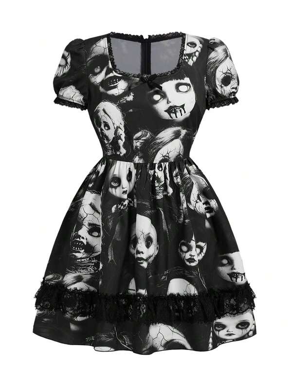 ROMWE Gothic Dark Witch Lace Patchwork Doll Print Plus Size Mini Dress For Women