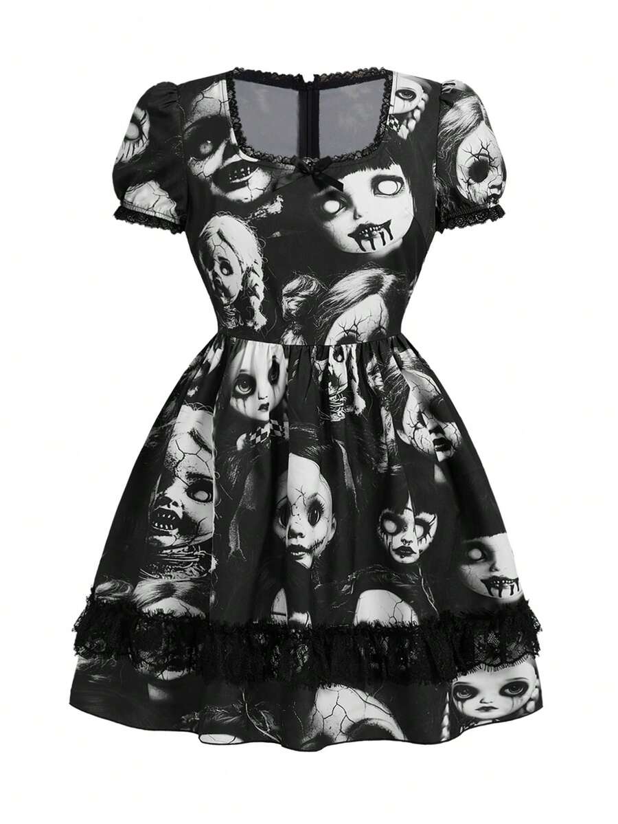 ROMWE Gothic Dark Witch Lace Patchwork Doll Print Plus Size Mini Dress For Women - Black - View 1