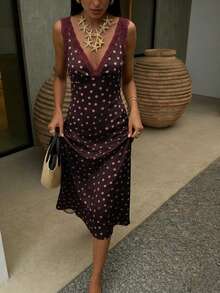 Pariaura 2026新款女士波点缎面吊带连衣裙，蕾丝边饰，V领无袖开衩长裙，优雅春夏度假约会晚宴长裙 - 酒紅色 - 查看 5